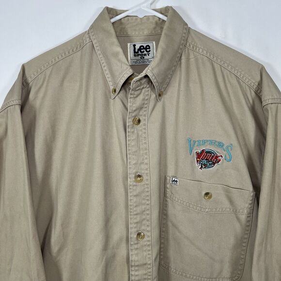 Vintage Detroit Vipers Lee Sport Button Down Shirt Mens Size Large Beige Hockey - Picture 1 of 12